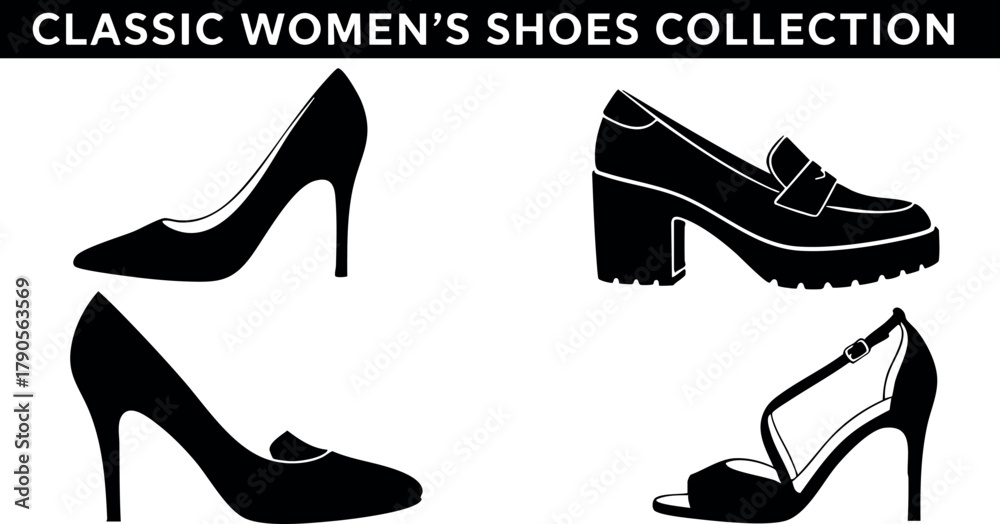 Obraz premium Classic womens shoes collection featuring elegant high heels and chunky heeled loafers stylish footwear designs