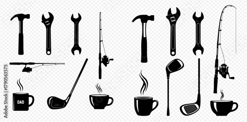 Silhouette image featuring tools, sports equipment, and mugs of coffee.