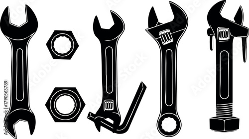 Adjustable wrench and pipe wrench vector set with nuts and spanner tools for mechanical and plumbing repairs