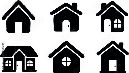 Simple black house icons with various roof and window styles for real estate and construction design vector set