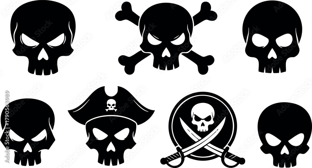 Fototapeta premium Pirate skull icons set with crossbones and swords vector illustration collection design