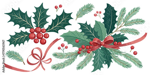 Vector illustration of christmas  watercolor christmas holly berries and pine branches with red ribbons