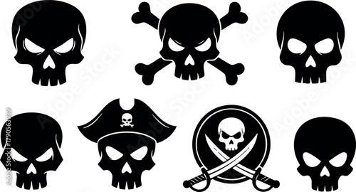 Pirate skull icons set with crossbones and swords vector illustration collection design