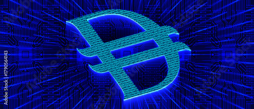 Bright high-contrast wide technologically advanced vector banner. 3D digital dirham symbol. National banking cryptocurrency of United Arab Emirates. Computer chip, virtual glow space