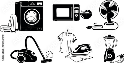 Household appliances collection with washing machine microwave fan vacuum iron blender and shirt vector icons design