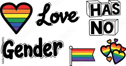 Rainbow heart Love has No Gender flag and symbols supporting LGBTQ equality and pride vector illustration