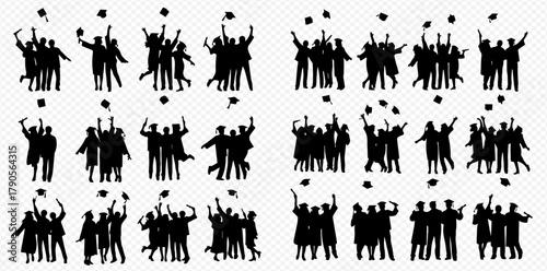 Silhouettes of graduating students throwing their caps in the air.