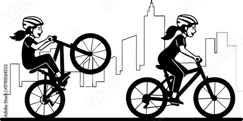 Girl riding bicycle and performing wheelie in urban cityscape outdoor activity vector illustration