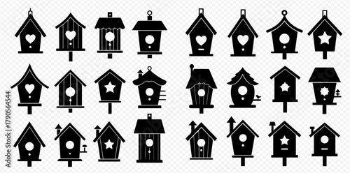 A collection of birdhouse silhouettes in various shapes and designs, all in black against a transparent background.