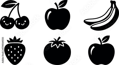 Black silhouette fruits including cherry apple banana strawberry tomato and apple vector icons set