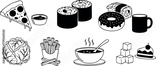 Fast food and dessert vector icons including pizza sushi donut coffee cabbage fries soup cake cup