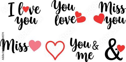 Love and miss you romantic handwritten messages with heart shapes in black and red vector illustration