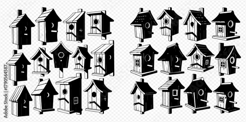 A collection of birdhouses in black and white, showcasing various designs and shapes.