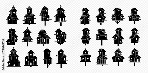 Silhouetted birdhouses of various designs, arranged in a grid pattern.