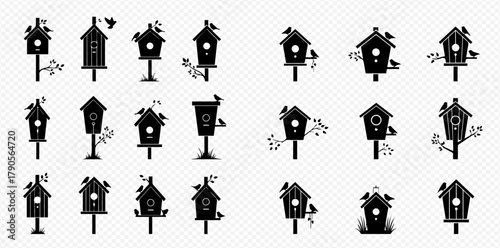 Silhouetted birdhouse collection, various designs, on posts, some with birds.