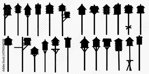 Silhouetted birdhouses on poles, various designs, against a white background.