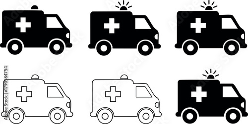 Ambulance emergency vehicle icons set with siren light in black and white style for medical and healthcare design