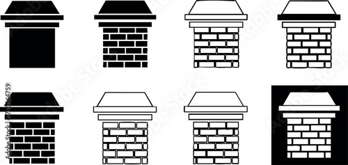 Brick chimney vector icon set in black and white silhouette style for construction and architecture design elements