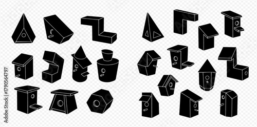 Collection of stylized birdhouse illustrations in black and white, showcasing various shapes and designs.