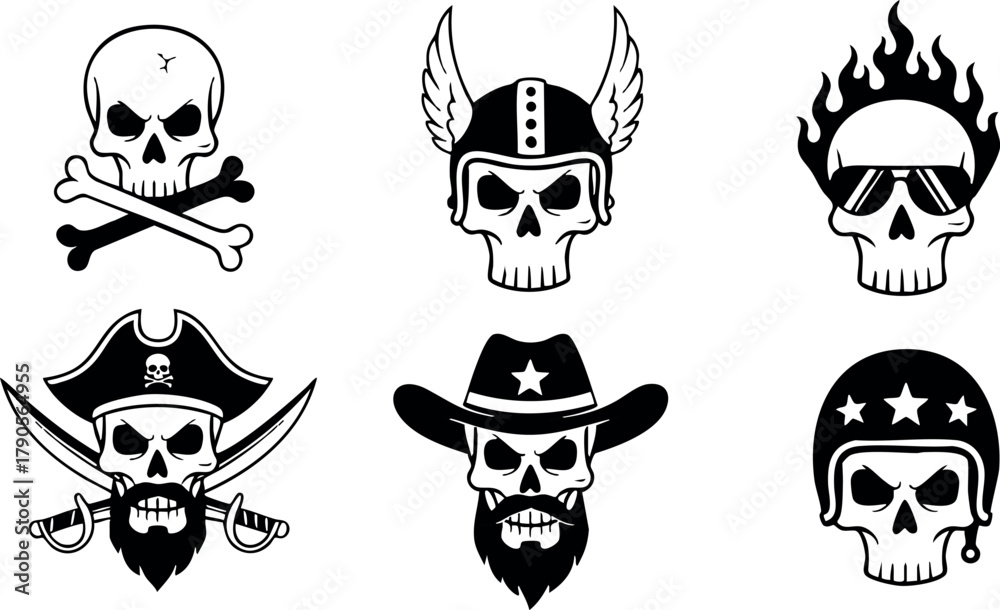 Fototapeta premium Skull designs with pirate, viking, cowboy and biker themes in black and white vector art