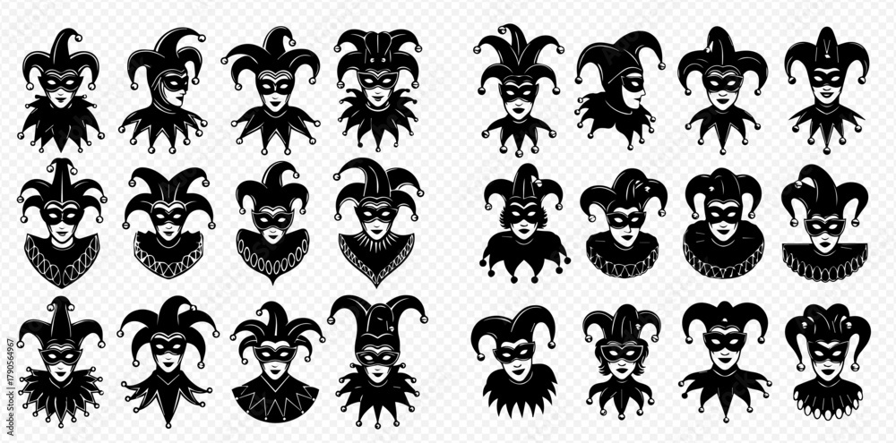 Fototapeta premium Collection of black and white jester mask illustrations in various styles and designs.