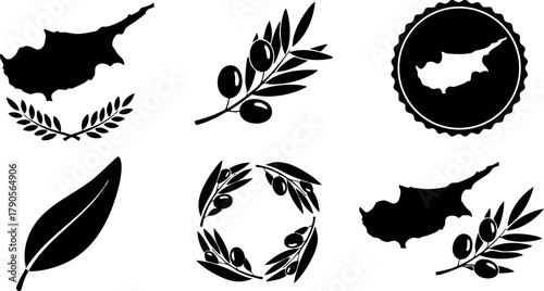 Cyprus map icons with olive branch wreath and leaves vector design elements for geographic and cultural use