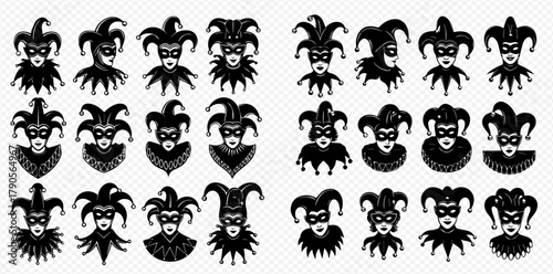 Collection of black and white jester mask illustrations in various styles and designs.