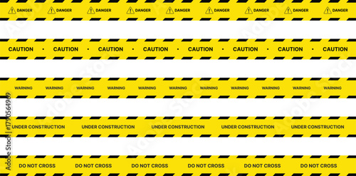 Yellow Black Stripes Line Tape and Caution Barrier Icon set. Warning Ribbon and Critical Safety Alert Symbols. Construction Tape and Danger Zone sign. Hazard Sign and Industrial Warning Border Icon