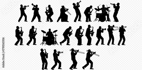 Silhouettes of musicians playing various instruments in a band.