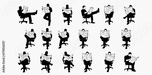 Silhouettes of people reading newspapers while sitting on office chairs.