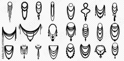 A collection of necklace illustrations in black and white, showcasing various designs and styles.