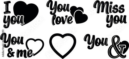 Love-themed calligraphy with hearts and romantic phrases for relationship design and affection vector art