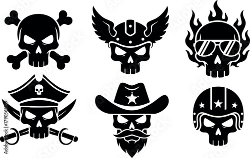 Set of six black skull icons with pirate, cowboy, and biker styles in vector design for tattoo or logo use
