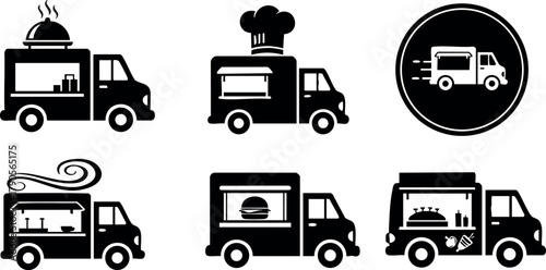 Food truck icons set with cooking, chef hat, burger, and fast delivery truck vector design collection