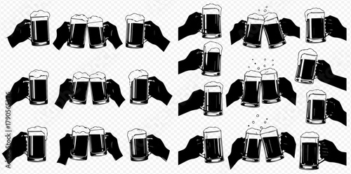 Illustration of hands holding beer mugs, some clinking together in a toast.