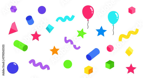 Colorful Geometric Party Elements – Balloons, Stars, Cubes, and Wavy Lines on White Background