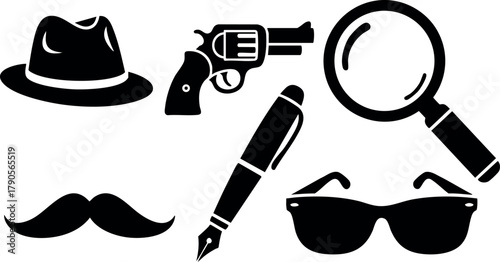 Detective accessories collection with hat revolver magnifying glass pen mustache sunglasses vector illustration