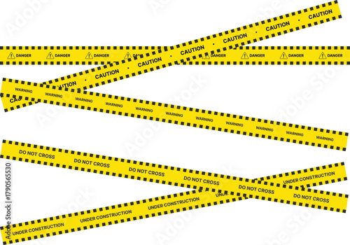 Yellow Black Stripes Line Tape and Caution Barrier Icon set. Warning Ribbon and Critical Safety Alert Symbols. Construction Tape and Danger Zone sign. Hazard Sign and Industrial Warning Border Icon