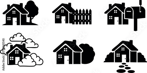Set of black silhouette houses with trees clouds fence mailbox and pathway vector icons for home and neighborhood concept