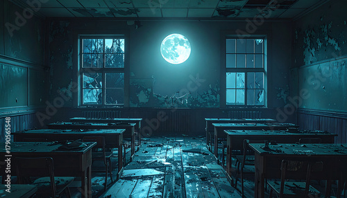 月明かりが差し込む荒れた無人教室の不穏ホラー背景
– Empty Classroom with Overturned Desks and Moonlight Through Cracked Windows