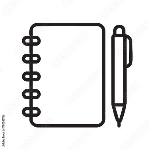 a simple black and white line drawing depicts an open spiral notebook and a ballpoint pen resting beside it