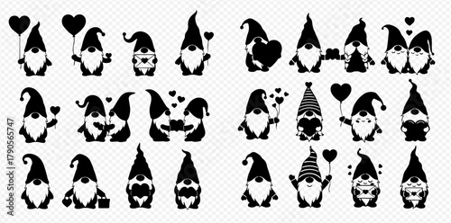 Collection of cute gnome silhouettes with hearts, balloons, and gifts, perfect for Valentine's Day or romantic themes.