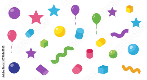 Colorful Geometric Party Elements – Balloons, Stars, Cubes, and Wavy Lines on White Background