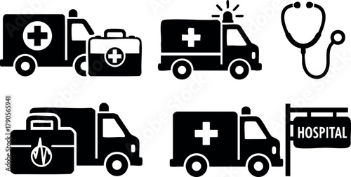Medical ambulance and healthcare vector icons including hospital sign and stethoscope symbols for emergency and health services design