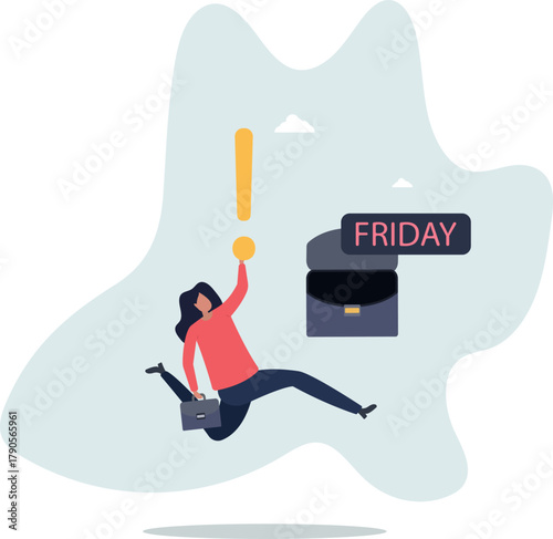 Happy Friday, relax or enjoy last working day and embrace weekend, tried routine day job employee,life and employment of people.