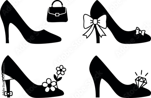 High heel shoes with decorative accessories including bow flower and diamond vector icons set