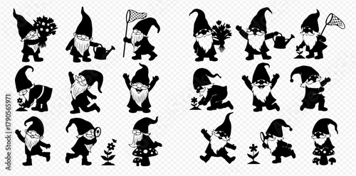 Collection of garden gnomes in various poses, engaged in gardening activities and playful actions.