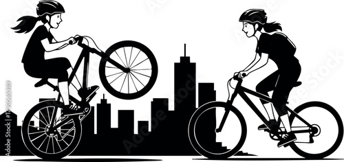 Bicyclists riding bikes with city skyline silhouette in background active urban cycling lifestyle vector illustration