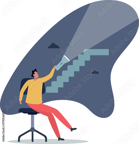 Flashlight to see opportunity, discover business way of success, challenge to find direction in the dark, leadership concept.life and employment of people.
