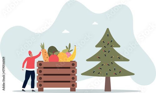 Christmas sale of vegetables and fruits. The seller displays the goods.